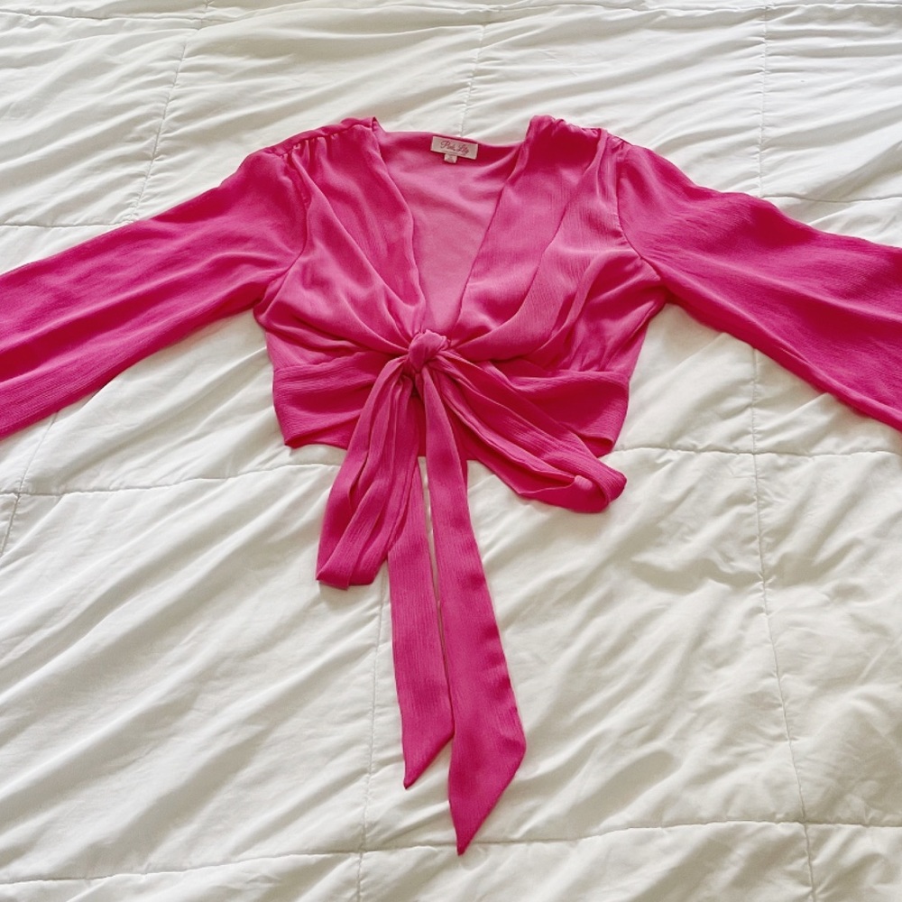 PINK LILY • SMALL LONG SLEEVE CROP BLOUSE • HOT PINK